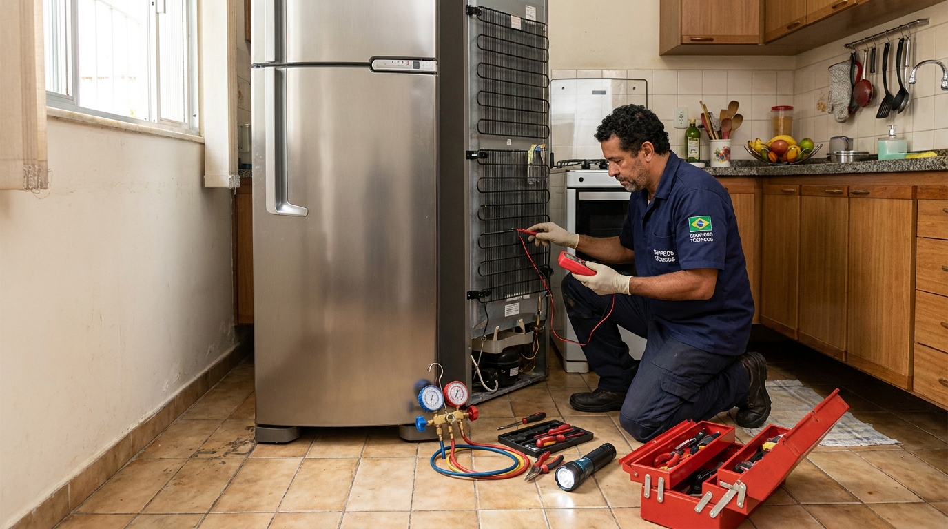 Técnico realizando manutenção de motor de geladeira no SHTN, Brasília‑DF