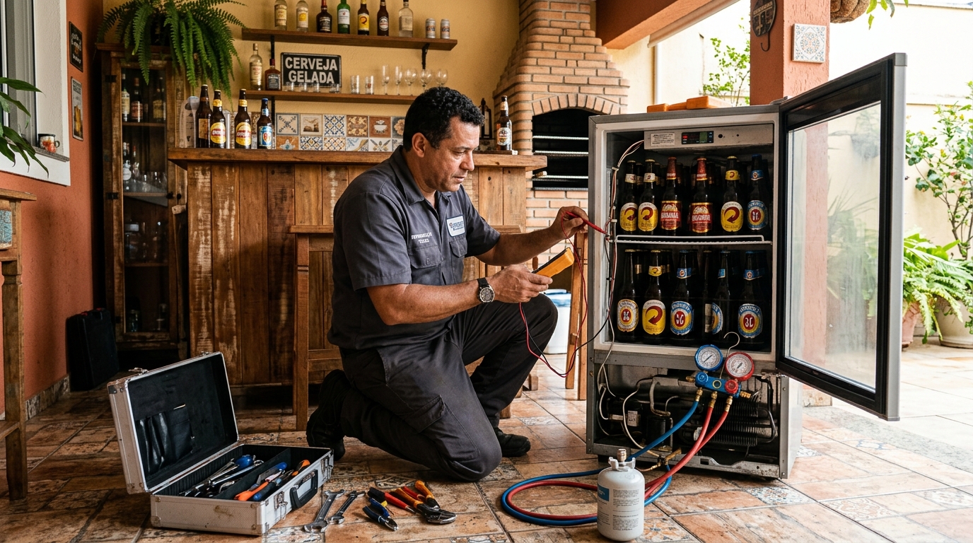 Recarga de gás refrigerante em cervejeira em atendimento em Samambaia, Brasília‑DF