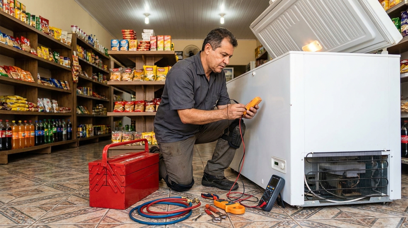 Recarga de gás refrigerante em freezer em atendimento nos Setores Complementares, Brasília‑DF