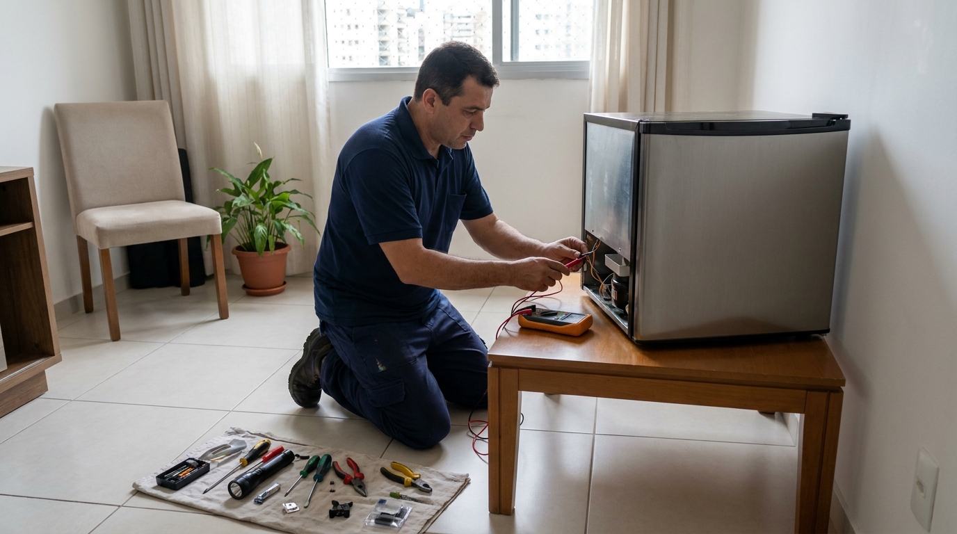 Técnico de conserto de frigobar em residência no Itapoã, Brasília‑DF