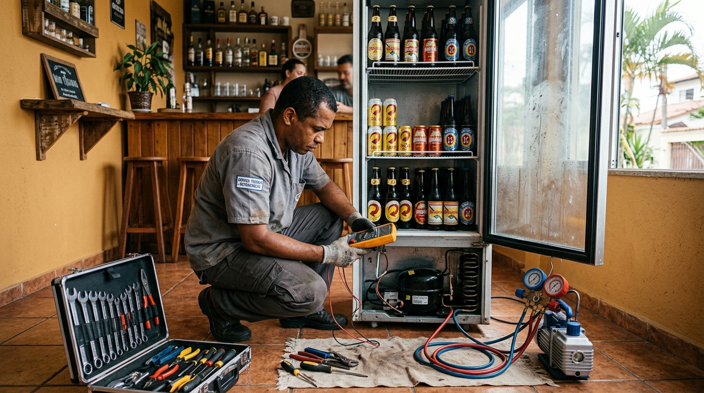 Troca de termostato de cervejeira em atendimento técnico em Samambaia, Brasília‑DF