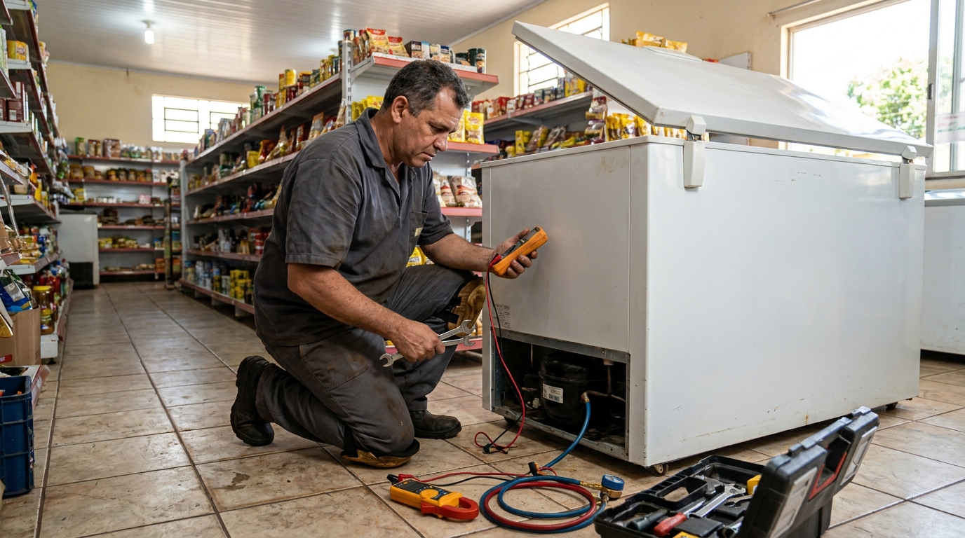 Troca de termostato de freezer em atendimento técnico nos Setores Complementares, Brasília‑DF